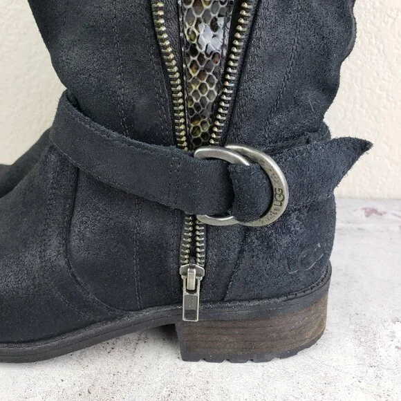 UGG Silva Moto Boots Leather Nubuck Harness Zip Slouchy Snakeskin size 9 EU 40 - Picture 12 of 15
